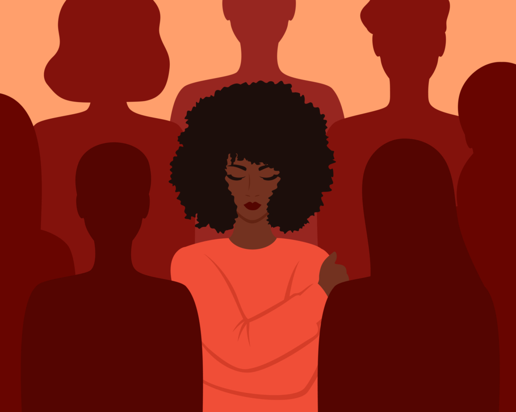 A black woman hugging herself among the silhouettes of people. Loneliness in a crowd. Vector illustration in flat style