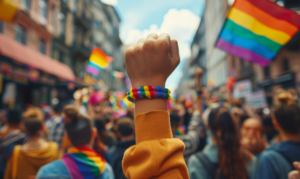 People’s raised fist with rainbow flag during pride parade